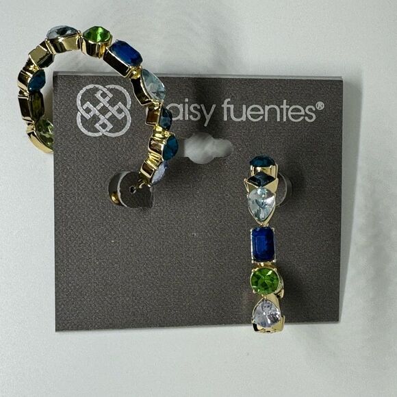 Daisy Fuentes Gold Tone Open Hoop Inside Outside Crystal Earrings 1.5 inch - Picture 5 of 8